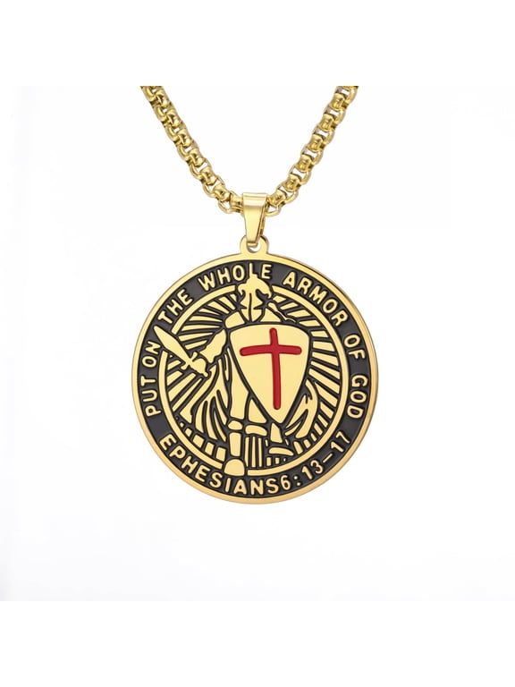 Gold Knights Templar Armor of God Ephesians 6:13-17 Pendant Stainless Steel Necklace