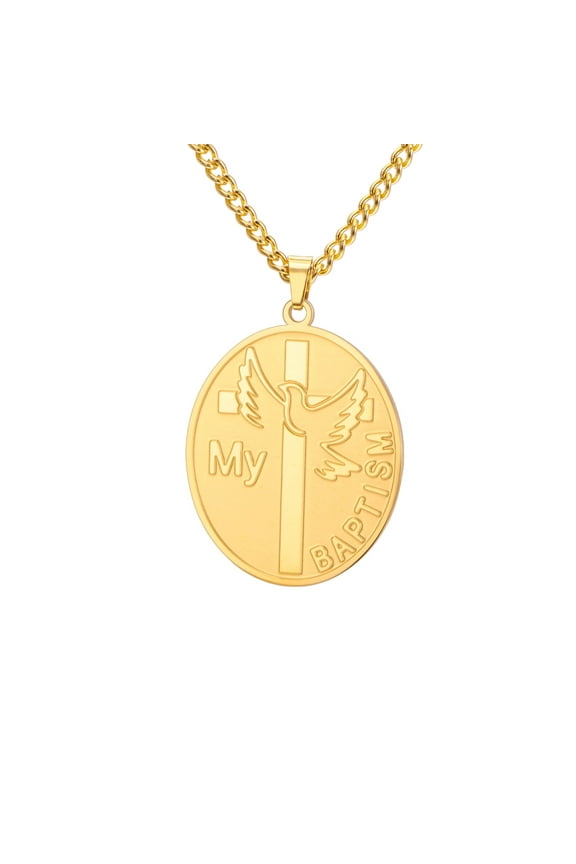 Gold My Baptism Dove Cross Oval Pendant Necklace Christian Stainless Steel Jewelry