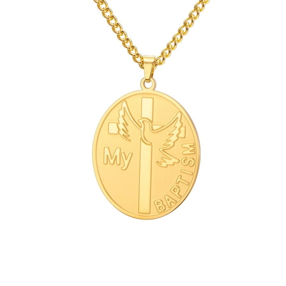 TEAMER Gold My Baptism Dove Cross Oval Pendant Necklace Christian Stainless Steel Jewelry