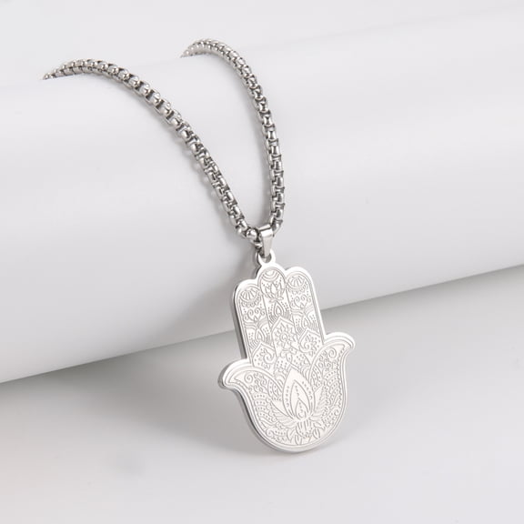 TEAMER Hamsa Hand Silver Stainless Steel Pendant Necklace for Men Luck Palm Hand of Fatima Amulet Vintage