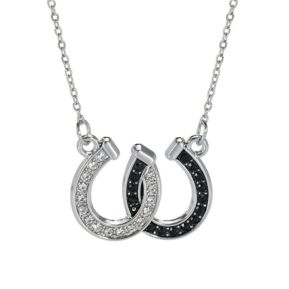 TEAMER Lovely Double Horseshoe White and Black Crystal Hoof Pendant Necklace for Women Men