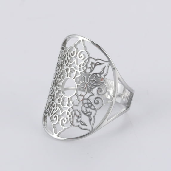 TEAMER Mandala The Healing Amulet silver Ring Vintage Filigree Resizable Ring Talisman for Good Health Stainless Steel Jewelry
