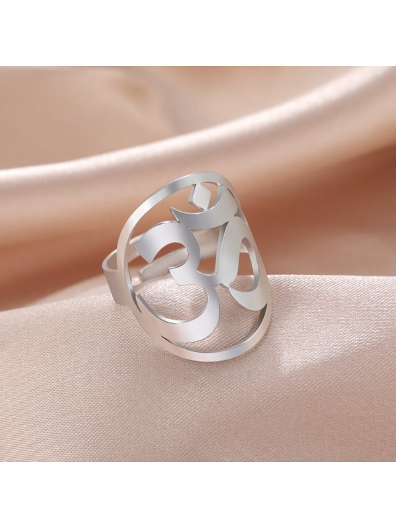 OM Symbol Stainless Steel Women Silver Ring Amulet Hinduism Sacred Spiritual Incantation Pranava Yoga Meditative Jewelry