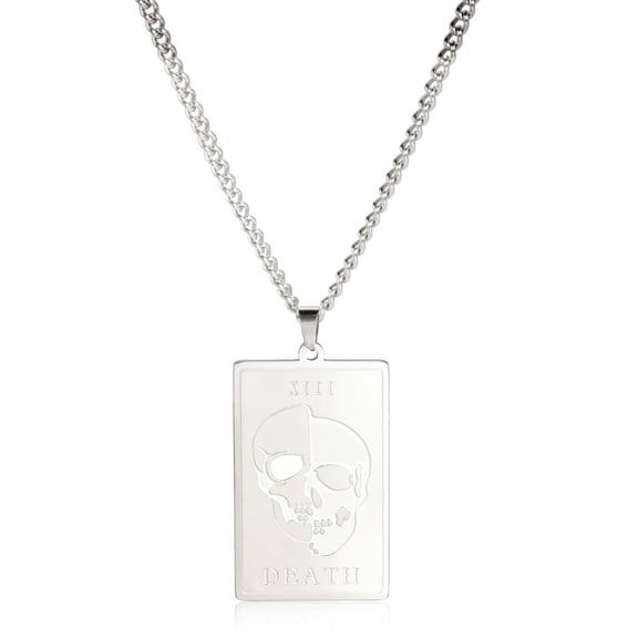 TEAMER Punk Skeleton Death Necklace for Men Rectangle Tarot Stainless Steel Pendant Necklace