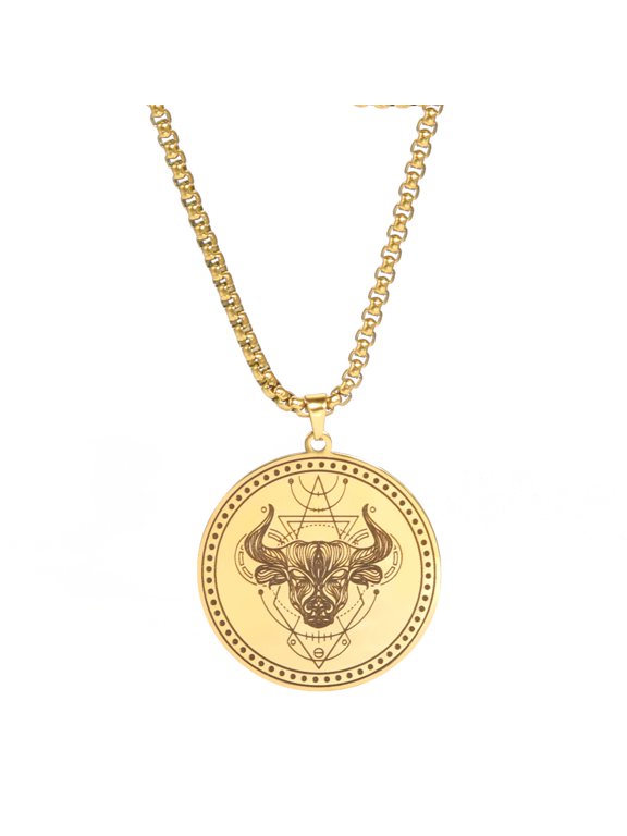 Stainless Steel 12 Constellation Necklace Men Capricorn Libra Aries Leo Virgo Taurus Horoscope Zodiac Necklaces (Gold-Taurus)