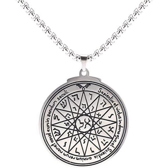 TEAMER Stainless Steel Fourth Pentacle of Mercury Pendant Necklace Key of Solomon Seal Round Charm Wide Chain Talisman Jewelry for Men