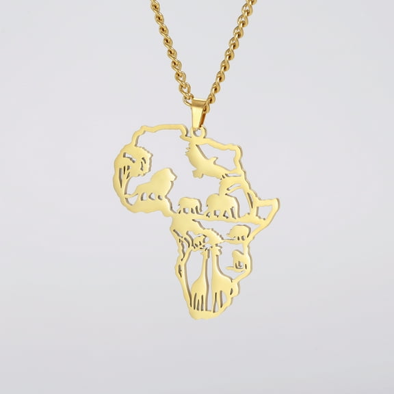 TEAMER Stainless Steel Gold Necklace Animal Map Pendant (Giraffe, Lion, Elephant)for Women Men Jewelry