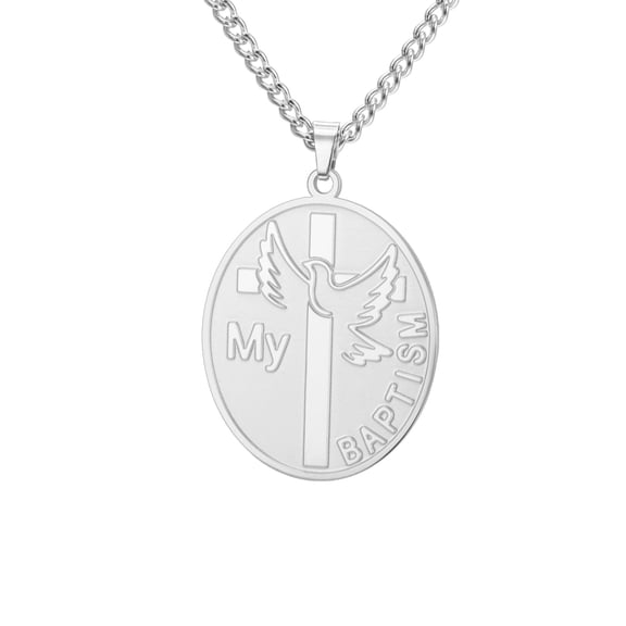 TEAMER Steel My Baptism Dove Cross Oval Pendant Necklace Christian Stainless Steel Jewelry