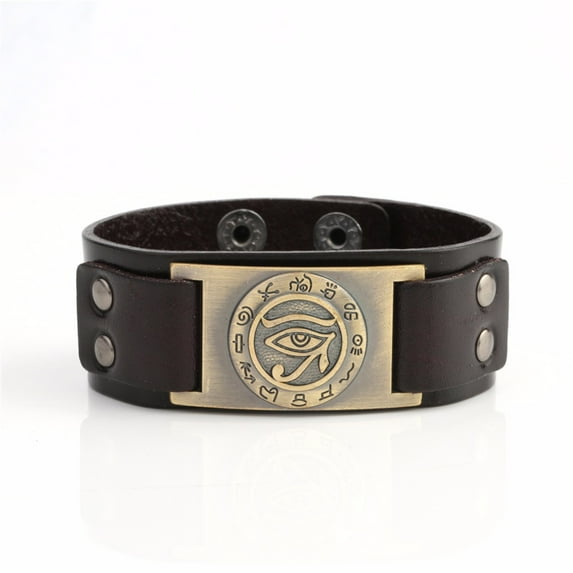 TEAMER Trendy Religious Egyptian Eye of Ra Horus Udjat Evil Eye Snap Clasp Adjustable Leather Bracelet Dark Brown