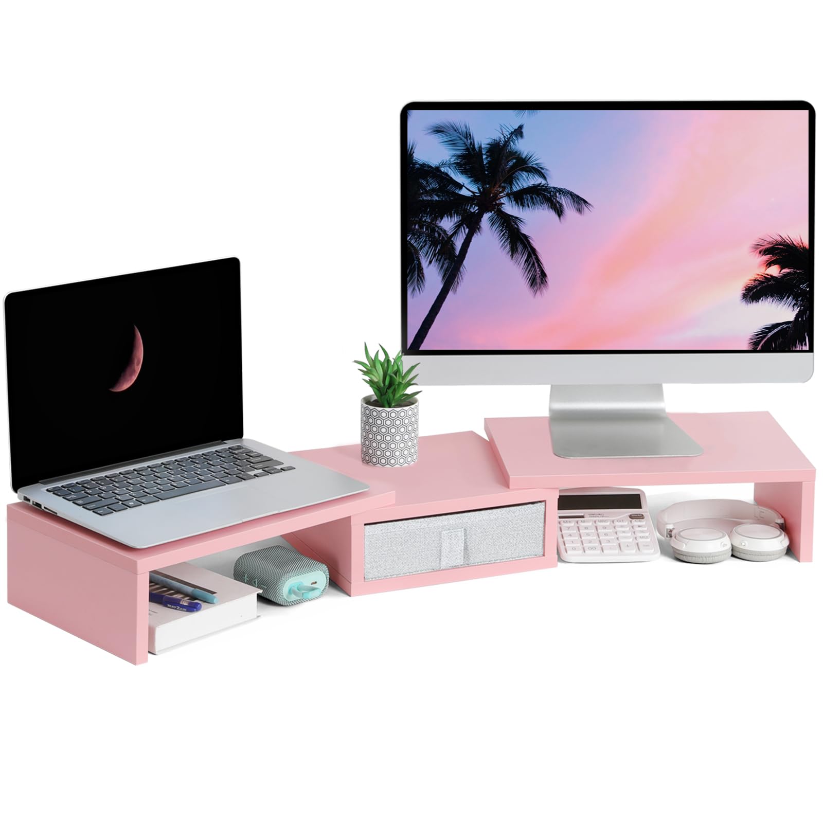 Pink Monitor Riser For Desk TEAMIX Pink Dual Monitor Stand Riser with Drawer - Length and Angle ...