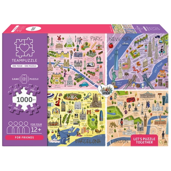 TEAMPUZZLE: City Trip - 1000pc Puzzle, 4 Jigsaw Sections, Around The World Travel Destinations, 27x19", Includes App Game Actions, Family-Friends 12+