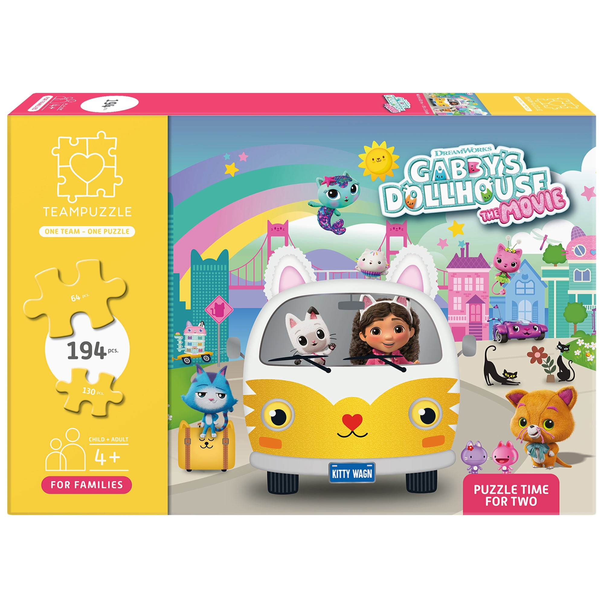 TEAMPUZZLE: Dreamworks Gabby’s Dollhouse - 194pc Puzzle, 2 Difficulty Level Sections, 19x13" City & Character Van Scene, Search & Find, Family-Kids 4+