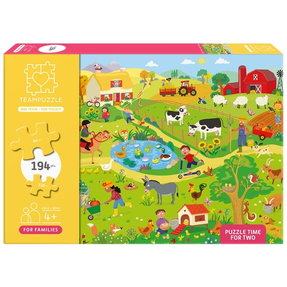 TEAMPUZZLE: On the Farm - 194pc Puzzle, 2 Difficulty Level Sections, 19x13", Lively Animal & Character Scene, Search & Find Activity, Family & Kids 4+