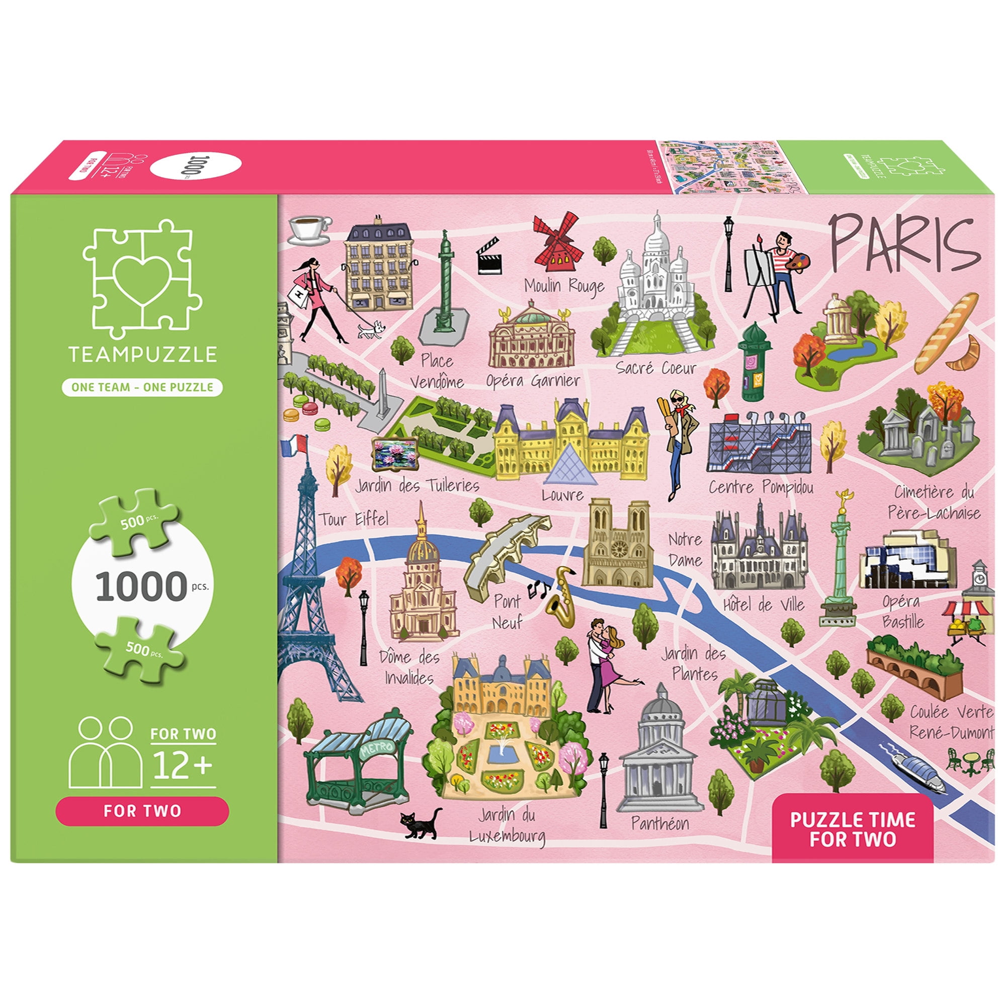 TEAMPUZZLE: Paris - 1,000pc Puzzle, 2 Jigsaw Sections, Illustrated City Destinations Map, 27 x 19", Includes Code Extras, Family & Friends 12+