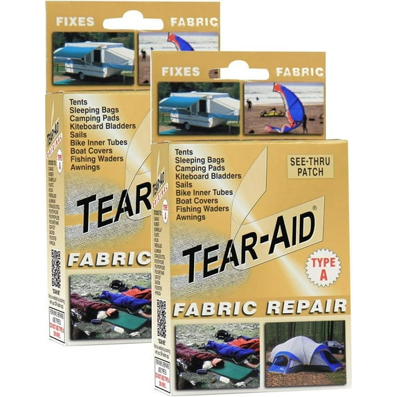 TEAR-AID Fabric Repair Kit, Type A Clear Patch for Canvas, Fiberglass, Leather, Polyester, Nylon & More, Gold Box, 2 Pack