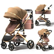 TEAYINGDE 2 in 1 Baby Stroller,Foldable Lightweight Carriage Reversible Bassinet Pram for Toddler,Travel Stroller with with Cup Holder、Storage Bag,Brown