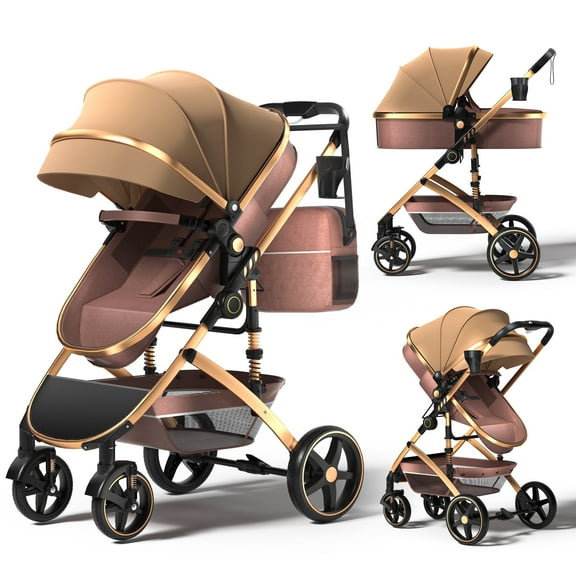 babyeap 2 in 1 Baby Stroller,Foldable Lightweight Carriage Reversible Bassinet Pram for Toddler,Travel Stroller with with Cup Holder、Storage Bag,Brown