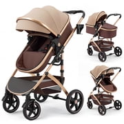 babyeap 2 in 1 Baby Stroller,Foldable Lightweight Carriage Reversible Bassinet Pram for Toddler,Travel Stroller with with Cup Holder、Storage Bag,Brown