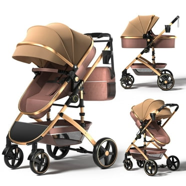 TEAYINGDE 2 in 1 Baby Stroller,Foldable Lightweight Carriage Reversible Bassinet Pram for Toddler,Travel Stroller with with Cup Holder、Storage Bag,Brown