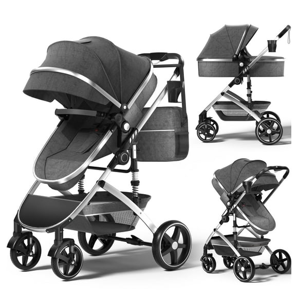 babyeap 2 in 1 Baby Stroller,Foldable Lightweight Carriage Reversible Bassinet Pram for Toddler,Travel Stroller with with Cup Holder、Storage Bag,Gray