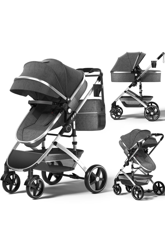 2 in 1 Baby Stroller,Foldable Lightweight Carriage Reversible Bassinet Pram for Toddler,Travel Stroller with with Cup Holder、Storage Bag,Gray