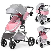 babyeap 2 in 1 Baby Stroller, Foldable Lightweight Carriage Reversible Bassinet Pram for Toddler, Travel Stroller with Cup Holder, Storage Bag, Pink