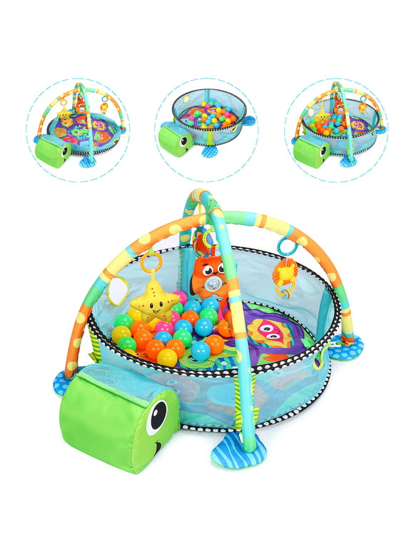 TEAYINGDE 3 in 1 Baby Gym Play Mat Baby Activity with Ocean Ball,Green Turtle