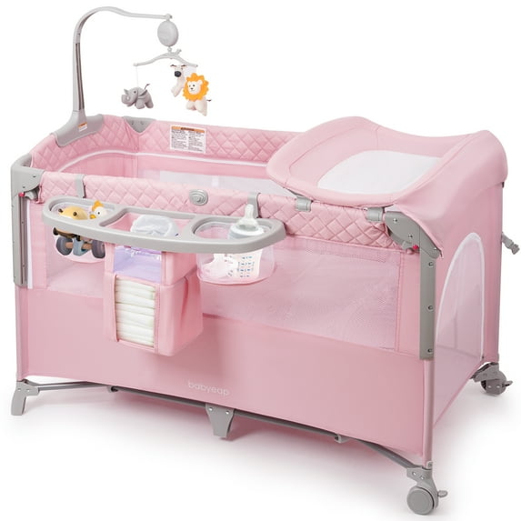 Babyeap 5-in-1 Baby Bassinet with Playard Mode & Changing Table,Bedside Sleeper for Newborns and Infants,Pink
