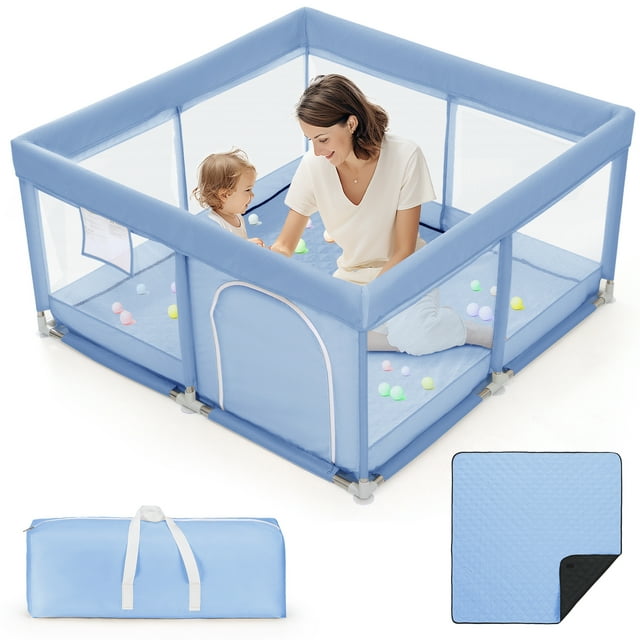 TEAYINGDE Baby Playpen Large Play Yard Fence for Toddlers With Mat,50"x50" Blue