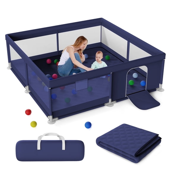 Babyeap Baby Playpen With Mat, Large Play Yard Fence for Toddlers, 50"x50" Blue