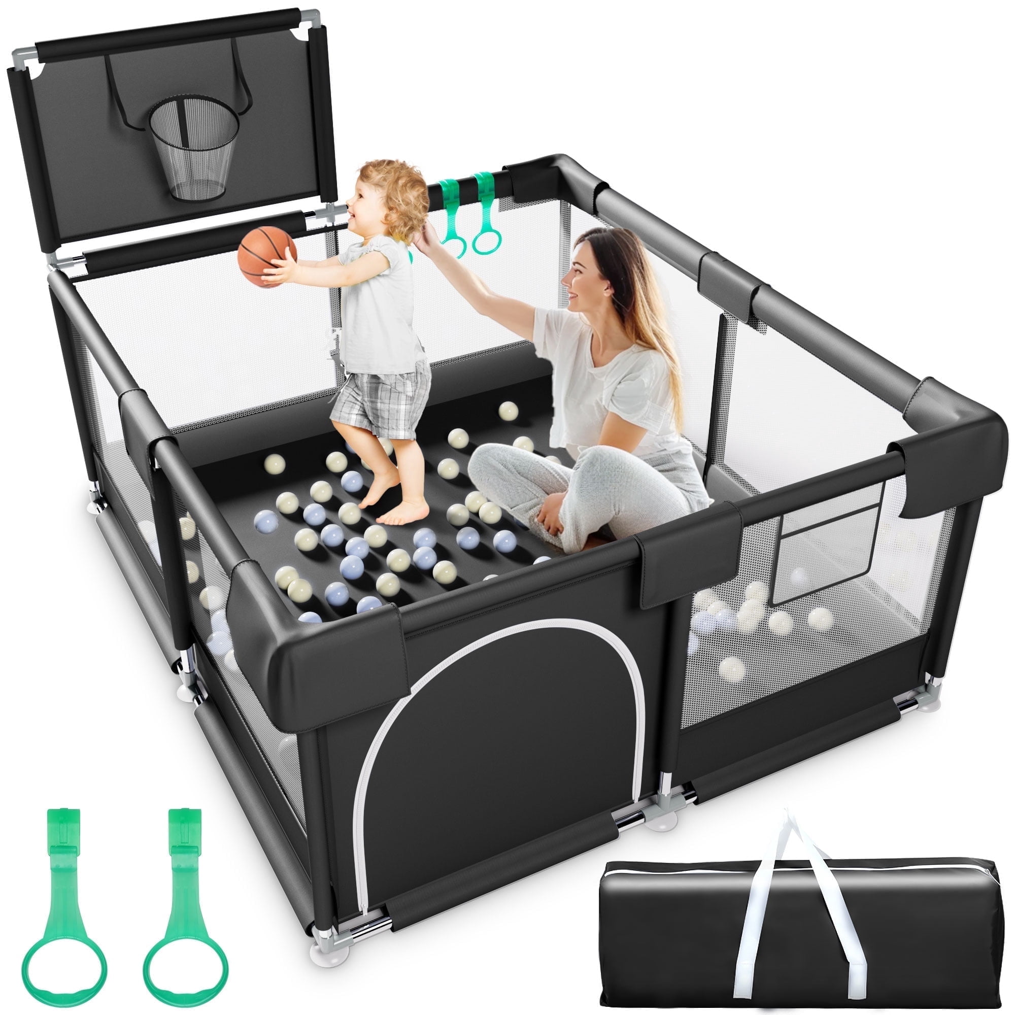 Babyeap Baby Playpen, Play Yard, Toddlers Playards, 50"x50" Infant Travel Fence with Basket, Black