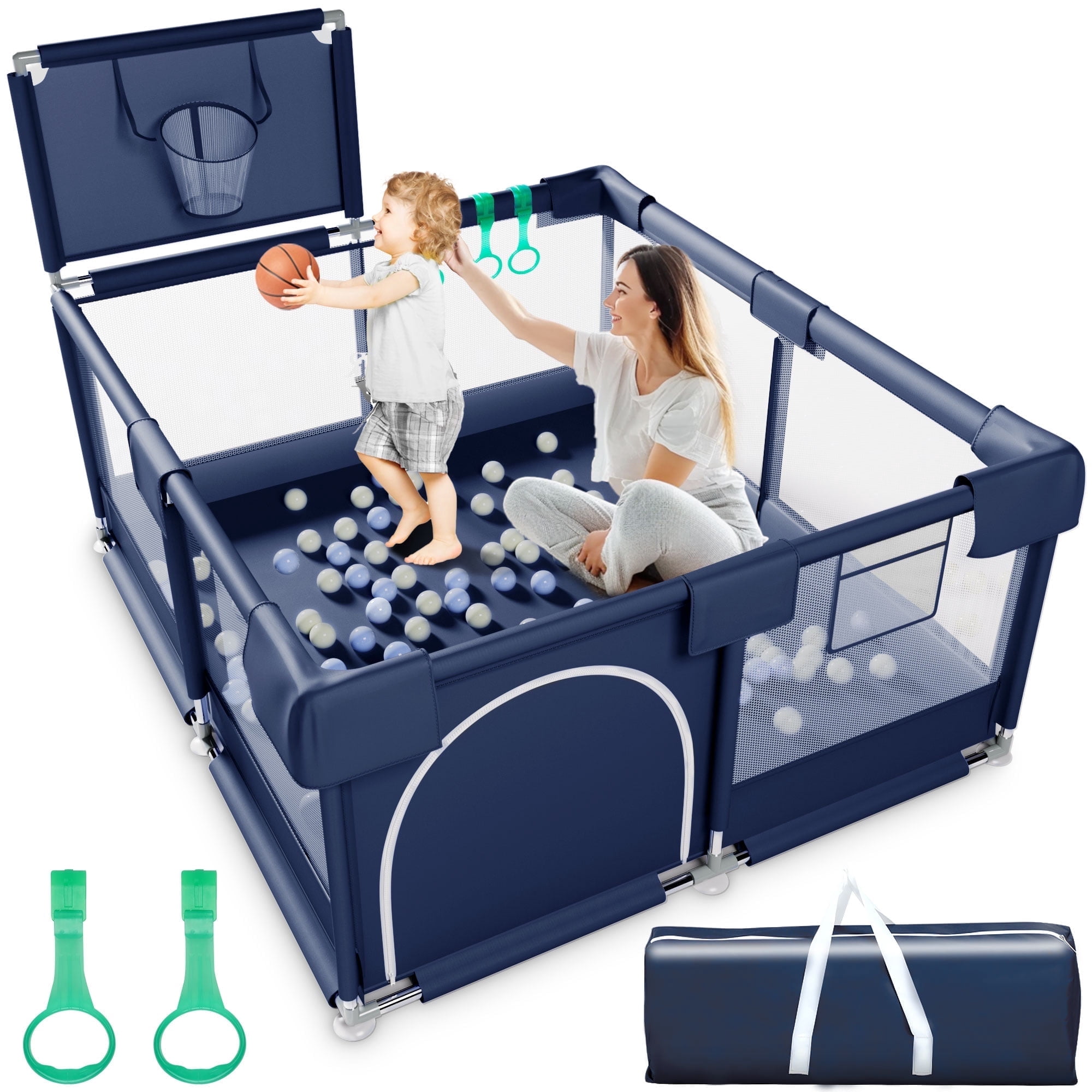 Babyeap Baby Playpen, Play Yard, Toddlers Playards, 50"x50" Infant Travel Fence with Basket, Blue