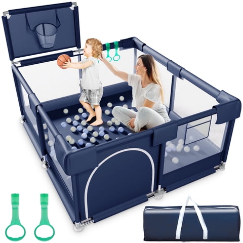 Babyeap Baby Playpen, Play Yard, Toddlers Playards, 50"x50" Infant Travel Fence with Basket, Blue