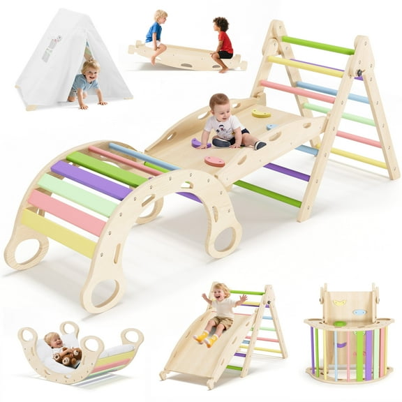 Lookfly 9 in1 Pikler Triangle Set Foldable Baby Climbing Toys for Toddlers 1-6 Inside with Ramp Seesaw,Toddler Climbing Toys Indoor Baby Gift