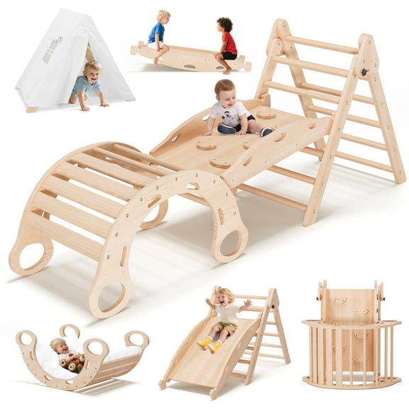 Lookfly 9 in1 Pikler Triangle Set Foldable Baby Climbing Toys for Toddlers 1-6 Inside with Ramp Seesaw,Toddler Climbing Toys Indoor Baby Gift