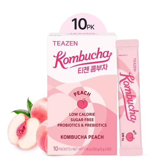 TEAZEN Peach Kombucha Tea Powder (10 Sticks, 1.76oz)