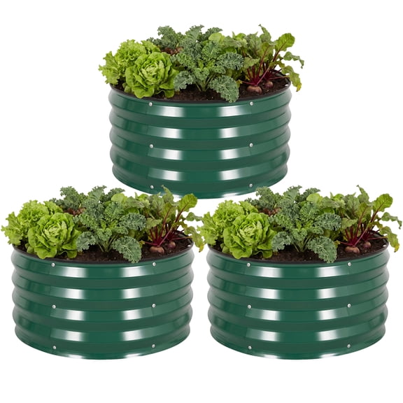 TECANA 3 Pcs Round Galvanized Raised Garden Bed, 2x2x1ft, Coated Forest Green, For Outdoor Backyard Patio