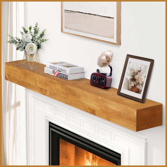 TECANA 60" Solid Wood Floating Fireplace Mantel, Rustic Oak Shelf with Hidden Bracket