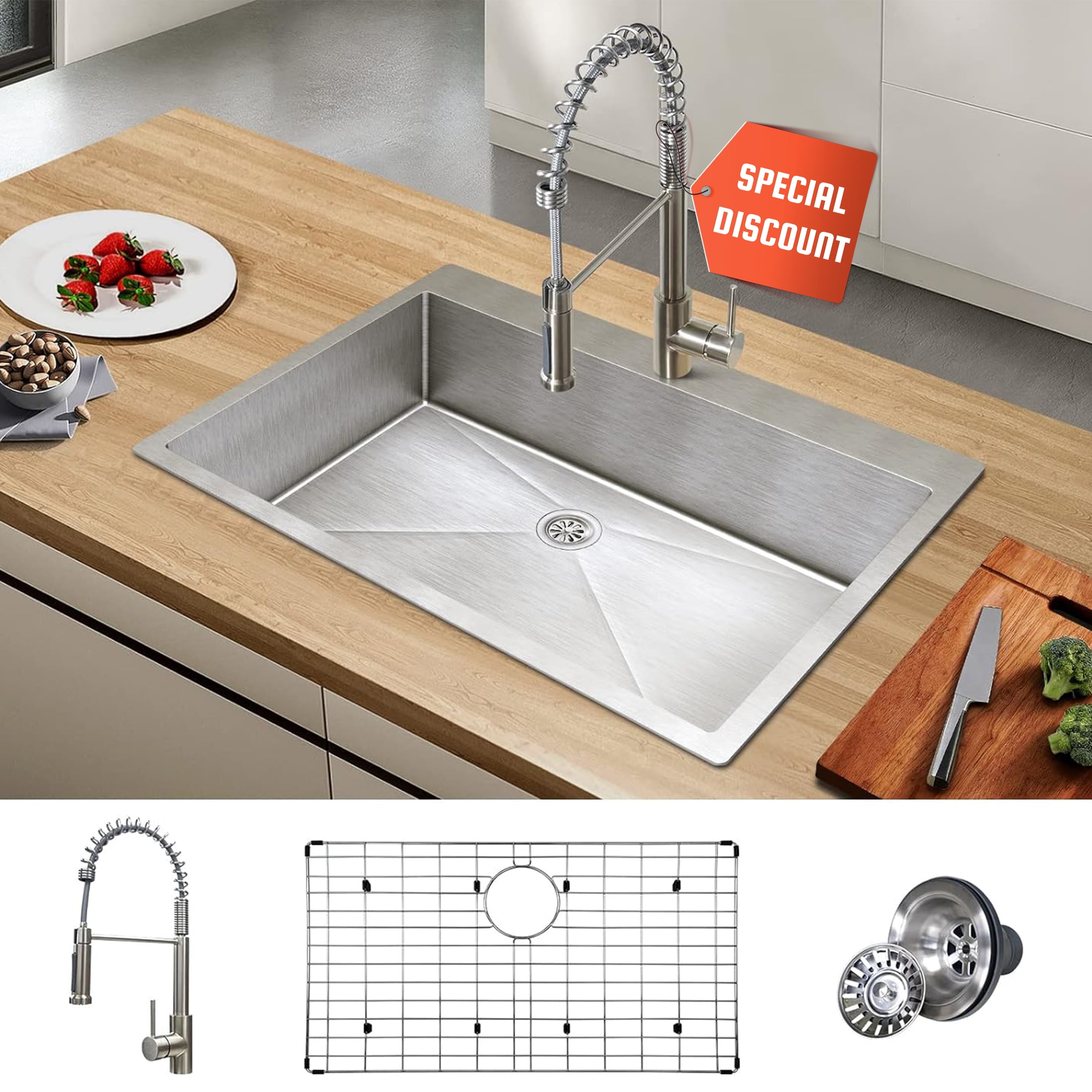 Friho 30x18 Inch 18 Gauge Stainless Steel Kitchen Sink - Black | Topmount Single Bowl With Dish Grid