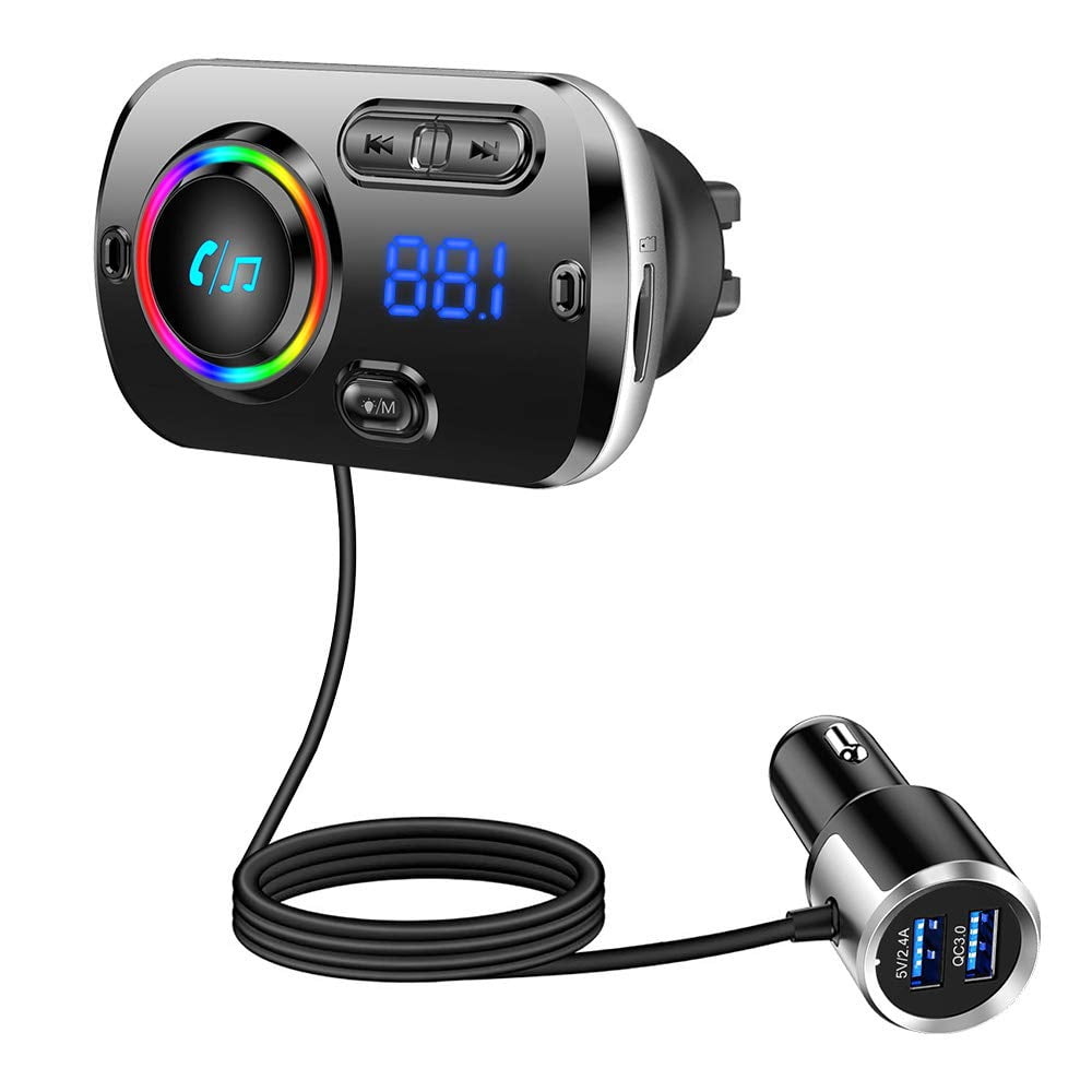 Tecboss Bluetooth FM Transmitter for Car, Bluetooth 5.0 Wireless Car Radio Adapter with Qc3.0 & 5V/2.4A Dual Charging Port, Easy Attached to Air Vent