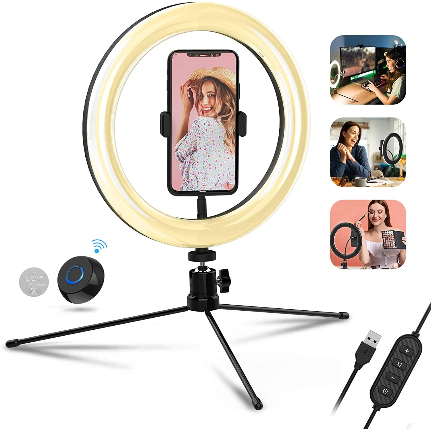 TECELKS 10" LED Ring Light with Tripod Stand, Phone Holder, Wireless Shutter, Dimmable Desktop Light