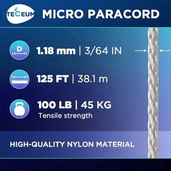TECEUM Micro Paracord – 1.18 mm X 125 ft – Micro Utility Cord – Thin Braided Paracord Rope – Best for Crafting, DIY Projects, Fishing, Camping – Wind Chime Replacement – Survival Strong String