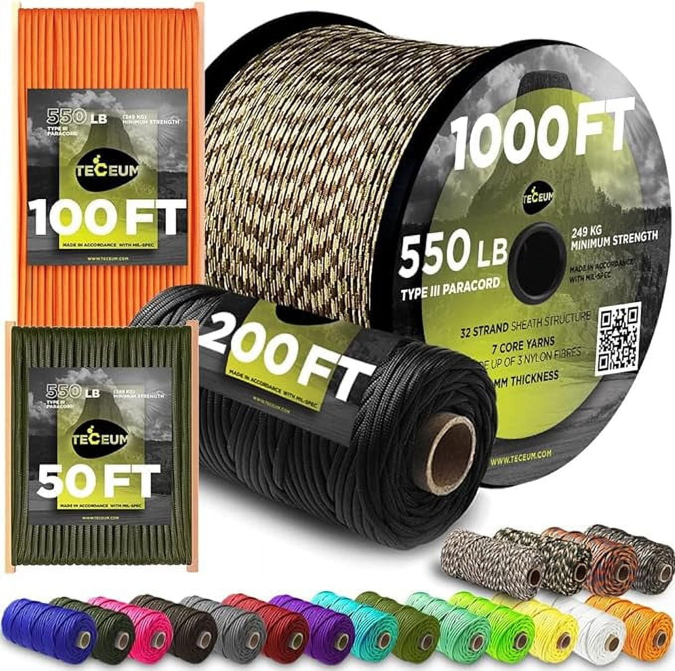 TECEUM Paracord 550 lb – Ideal for Crafting, DIY Projects, Camping,  Military & Active Outdoors – 40+ Colors – Tactical Parachute Cord Type III  – Strong Survival Rope 