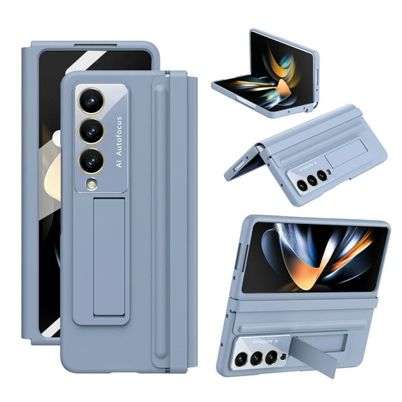 TECH CIR Hybrid Rugged Case for Samsung Galaxy Z Fold 4 Case with Built-in Screen Protector, Invisible Kickstand PU Leather Hinge Protector Camera Lens Protection Shockproof Case,Blue
