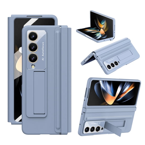TECH CIR Hybrid Rugged Case for Samsung Galaxy Z Fold 4 Case with Built-in Screen Protector, Invisible Kickstand PU Leather Hinge Protector Camera Lens Protection Shockproof Case,Blue