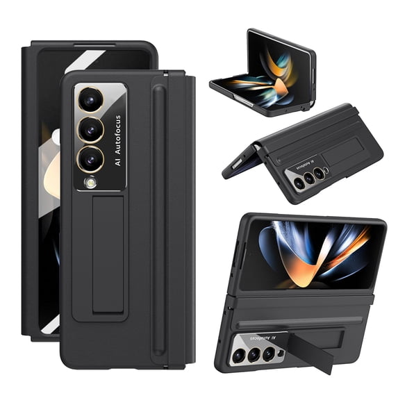 TECH CIR Hybrid Rugged Case for Samsung Galaxy Z Fold 4 Case with Built-in Screen Protector, Invisible Kickstand PU Leather Hinge Protector Camera Lens Protection Shockproof Case,Black