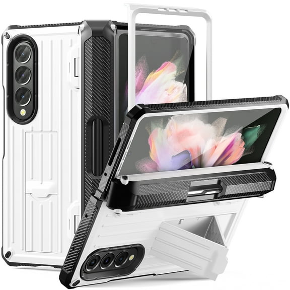 TECH CIRC Case for Samsung Galaxy Z Fold 3 Compatible with MagSafe, Heavy Duty Rugged PC Shockproof Hinge Protection Cover with Hidden Bracket Screen Protector S Pen Holder Galaxy Z Fold 3 Case,White