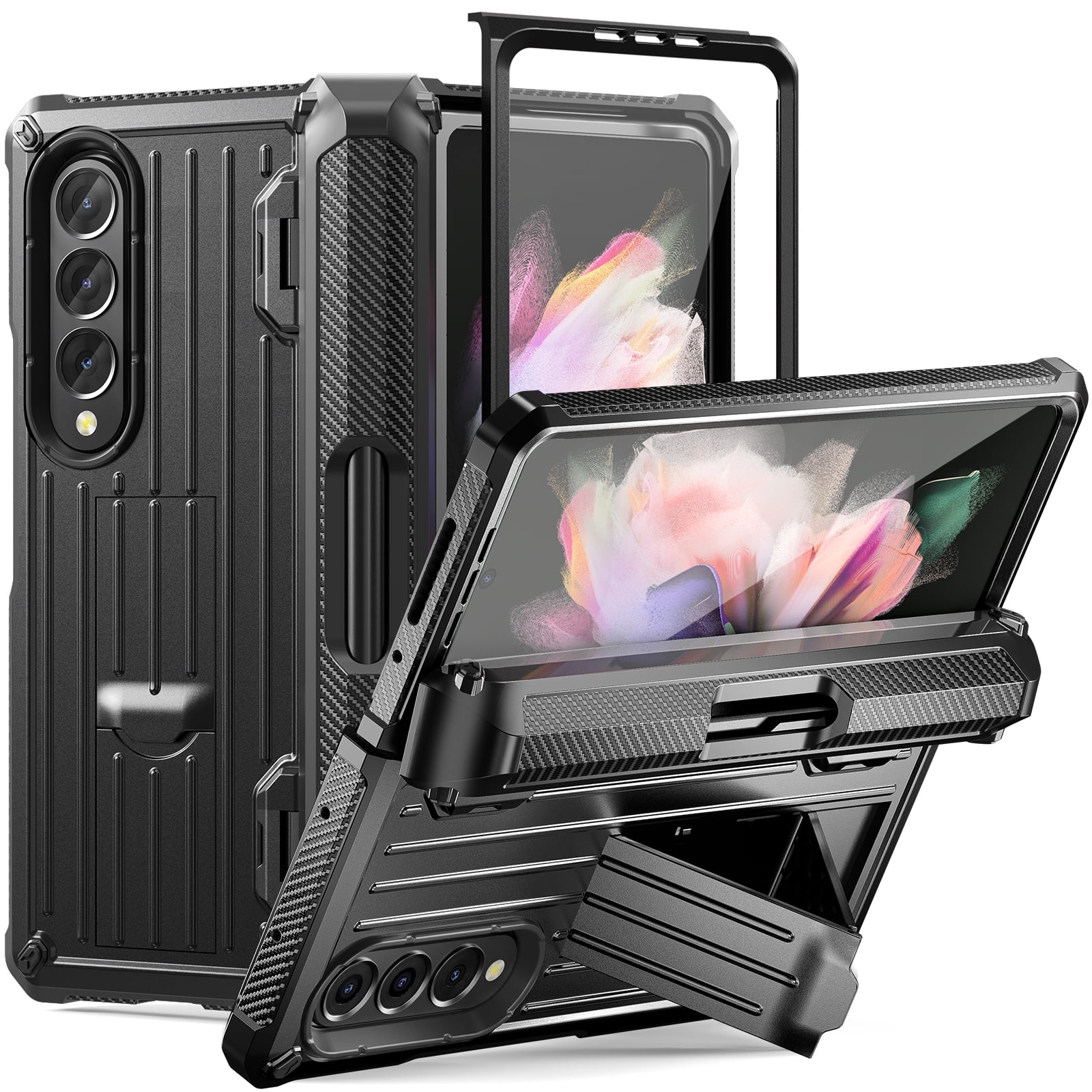 TECH CIRC Case for Samsung Galaxy Z Fold 3 Compatible with MagSafe, Heavy Duty Rugged PC Shockproof Hinge Protection Cover with Hidden Bracket Screen Protector S Pen Holder Galaxy Z Fold 3 Case,Black