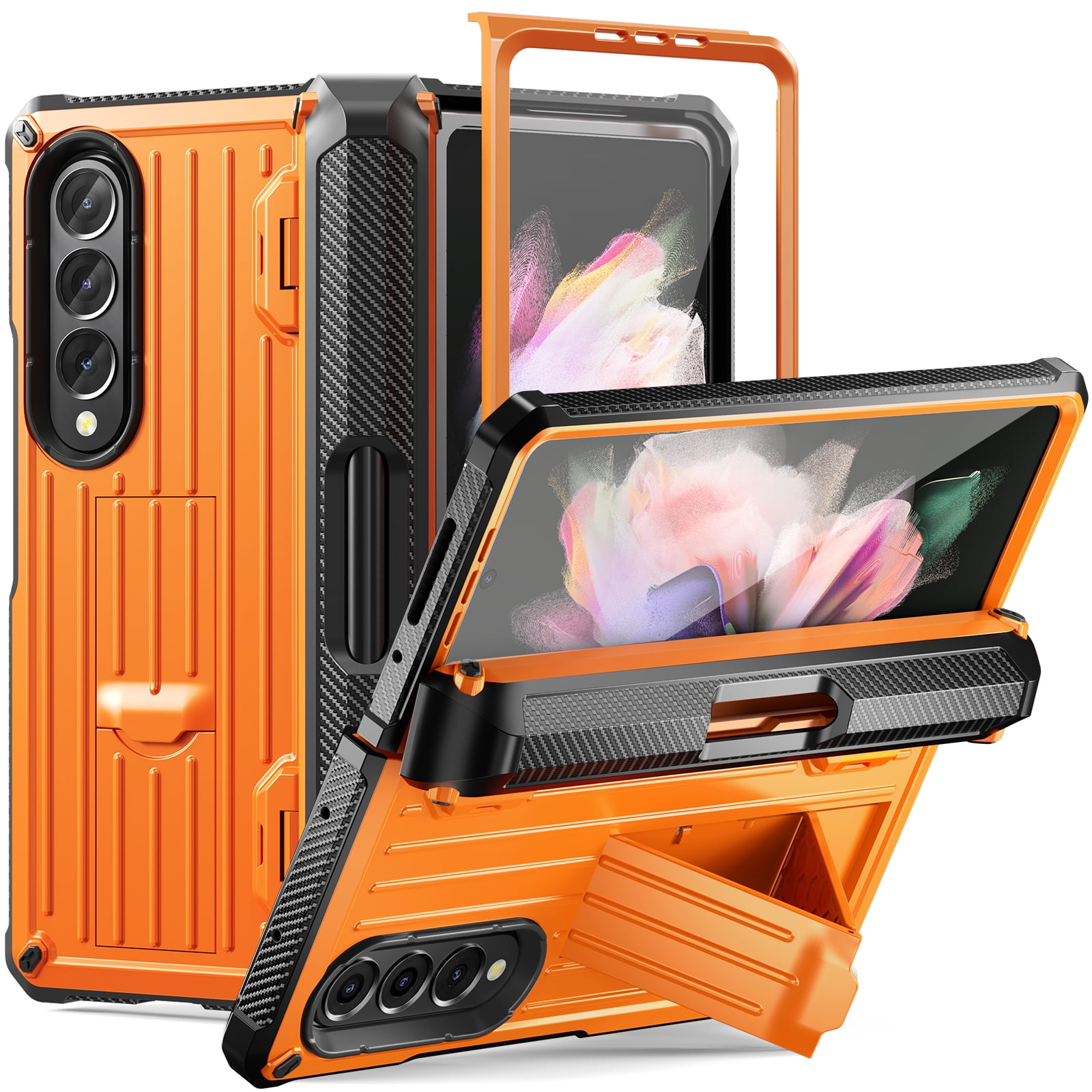 TECH CIRC Case for Samsung Galaxy Z Fold 3 Compatible with MagSafe, Heavy Duty Rugged PC Shockproof Hinge Protection Cover with Hidden Bracket Screen Protector S Pen Holder Galaxy Z Fold 3 Case,Orange