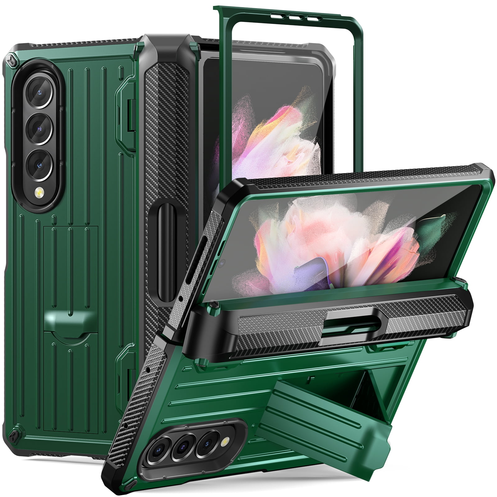 TECH CIRC Case for Samsung Galaxy Z Fold 3 Compatible with MagSafe, Heavy Duty Rugged PC Shockproof Hinge Protection Cover with Hidden Bracket Screen Protector S Pen Holder Case,Armygreen
